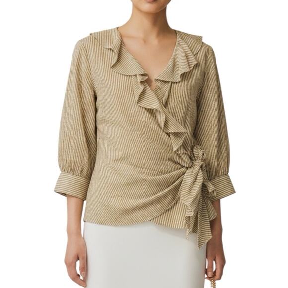 Worth Tops - Vintage 90s Metallic Gold Stripe Wrap Blouse Ruffle Collar Bishop Sleeve Size 4